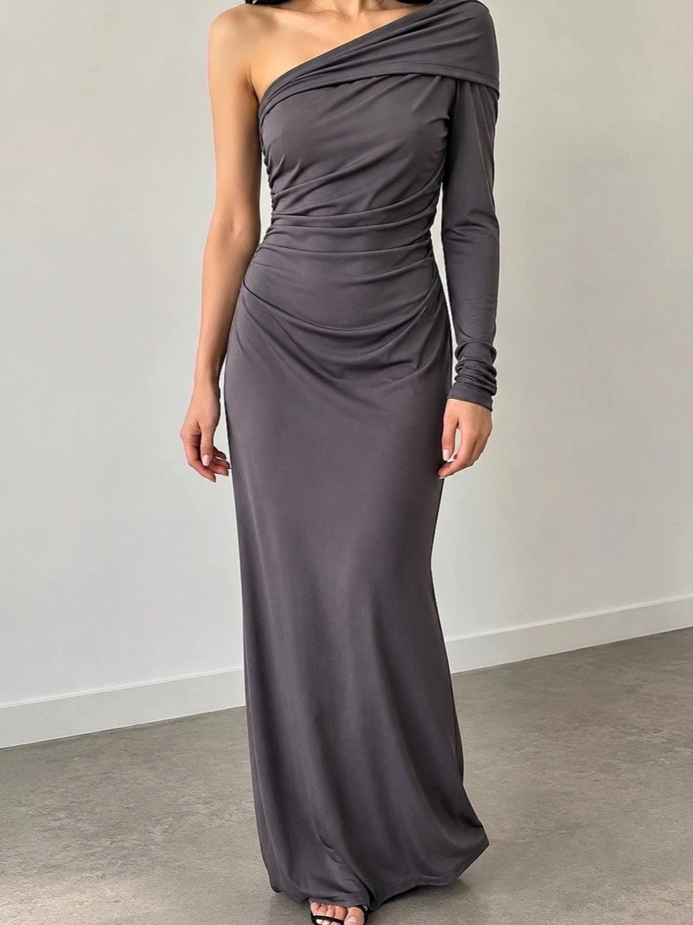 Zara Asymmetric Draped Dress One-Shoulder Maxi Gray XS